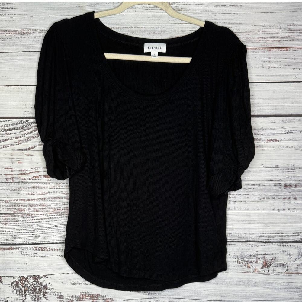 Evereve Black Ribbed Puff Sleeve Blouse Lg